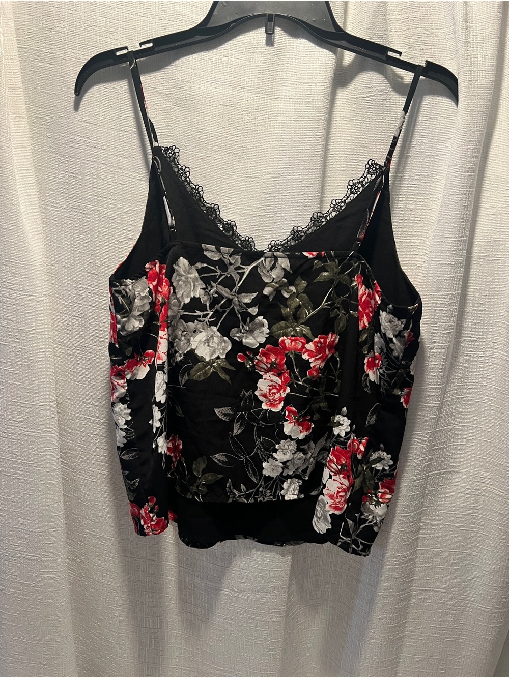Banana Republic Black Floral Lace Trim Camisole with Red & White Flowers